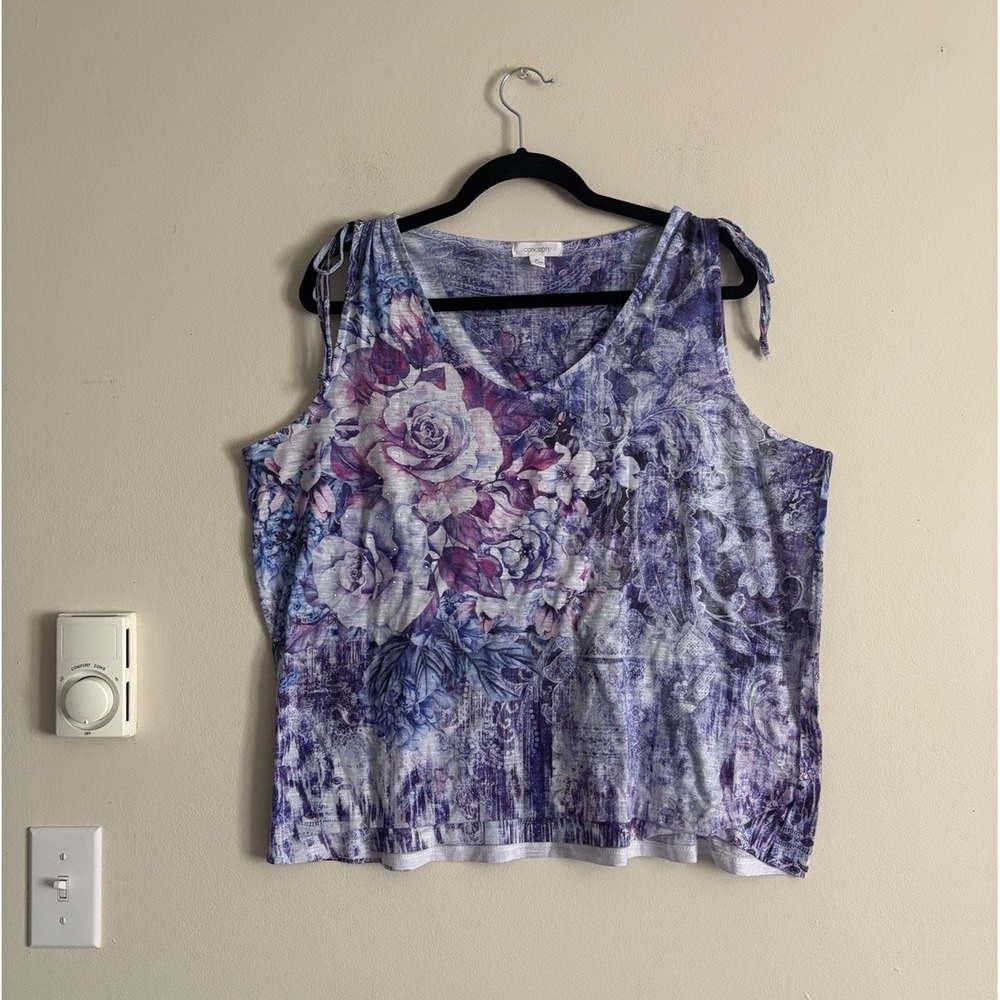 Vintage 90s‎ 2000s Graphic Print Floral Concepts Top Blue Purple Whimsy Hippie